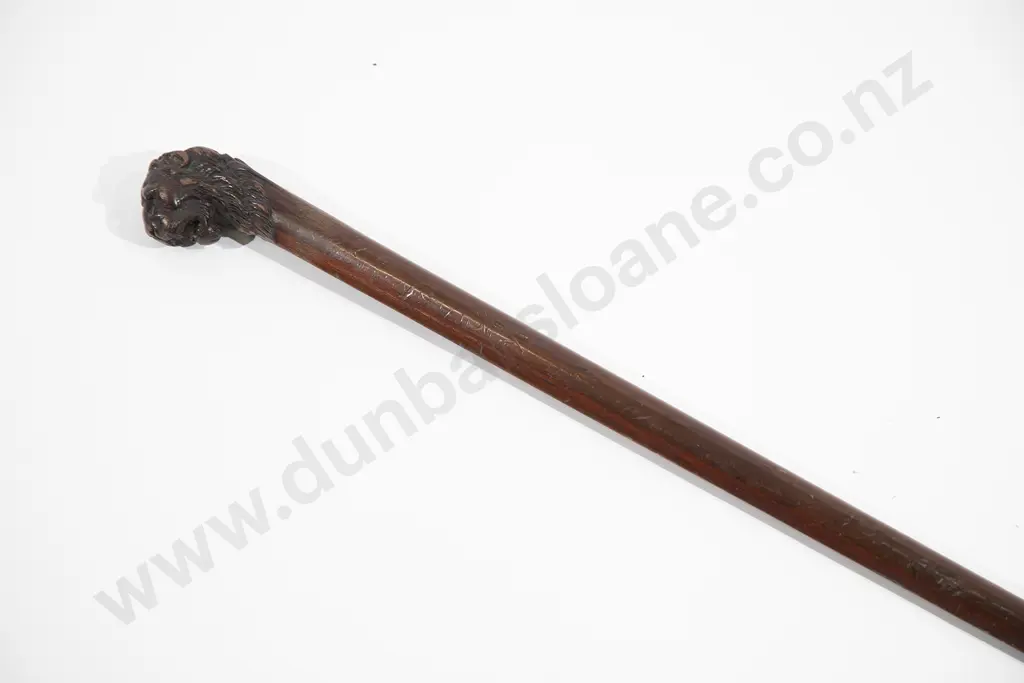 Victorian Mahogany Walking Cane With Carved Lions Head Pommel Image 1++