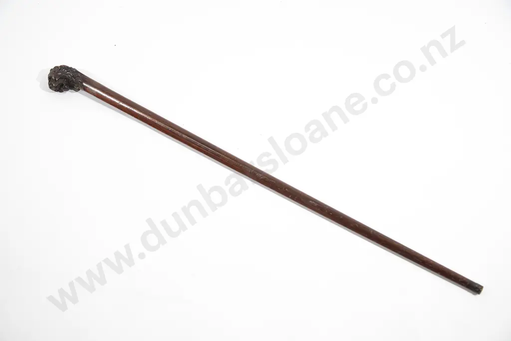 Victorian Mahogany Walking Cane With Carved Lions Head Pommel Image 1++