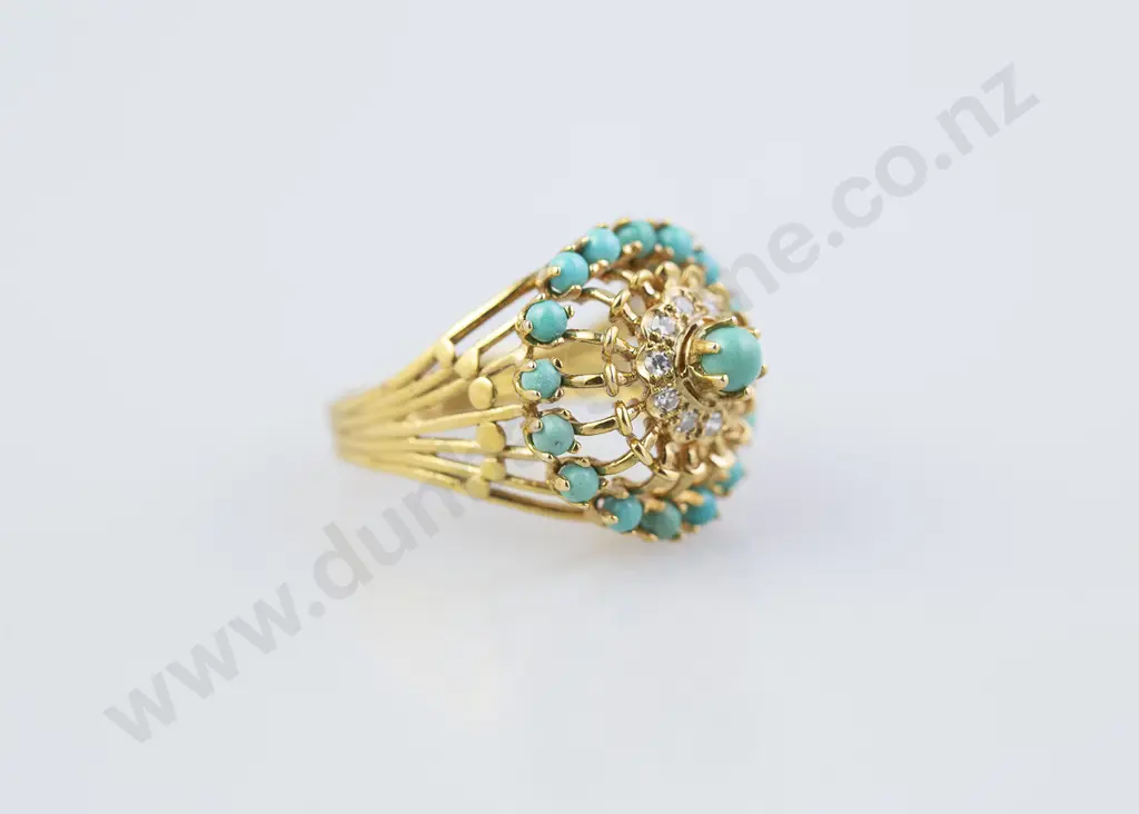 14ct Turquoise and Diamond Princess Style Dress Ring Image 1++