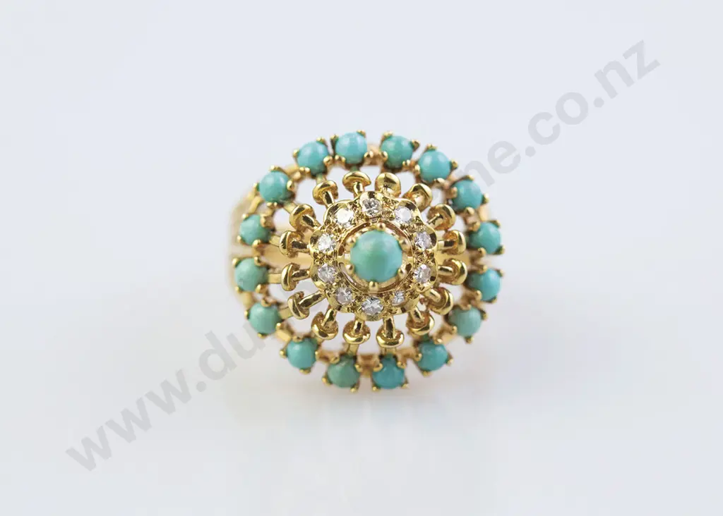 14ct Turquoise and Diamond Princess Style Dress Ring Image 1++