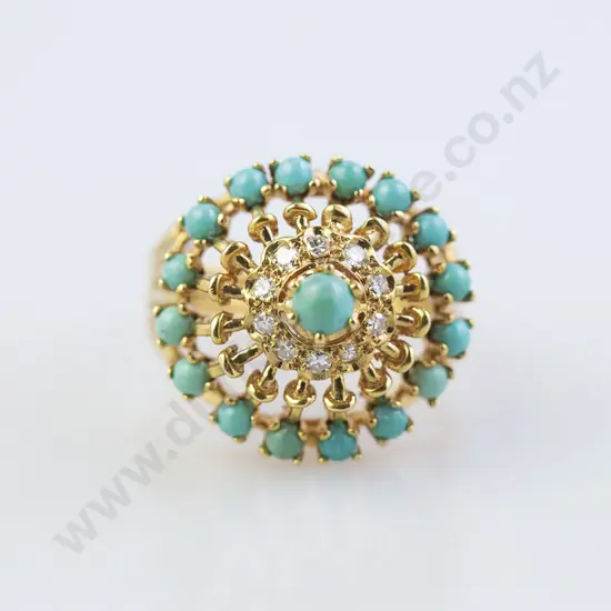 14ct Turquoise and Diamond Princess Style Dress Ring