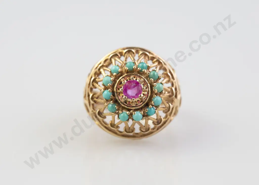 14ct Turquoise and Ruby Princess Style Dress Ring Image 1++