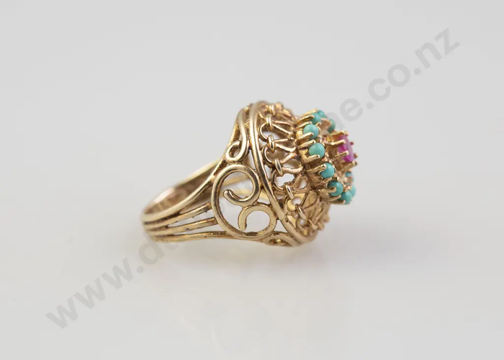 14ct Turquoise and Ruby Princess Style Dress Ring Image 1++
