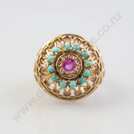 14ct Turquoise and Ruby Princess Style Dress Ring