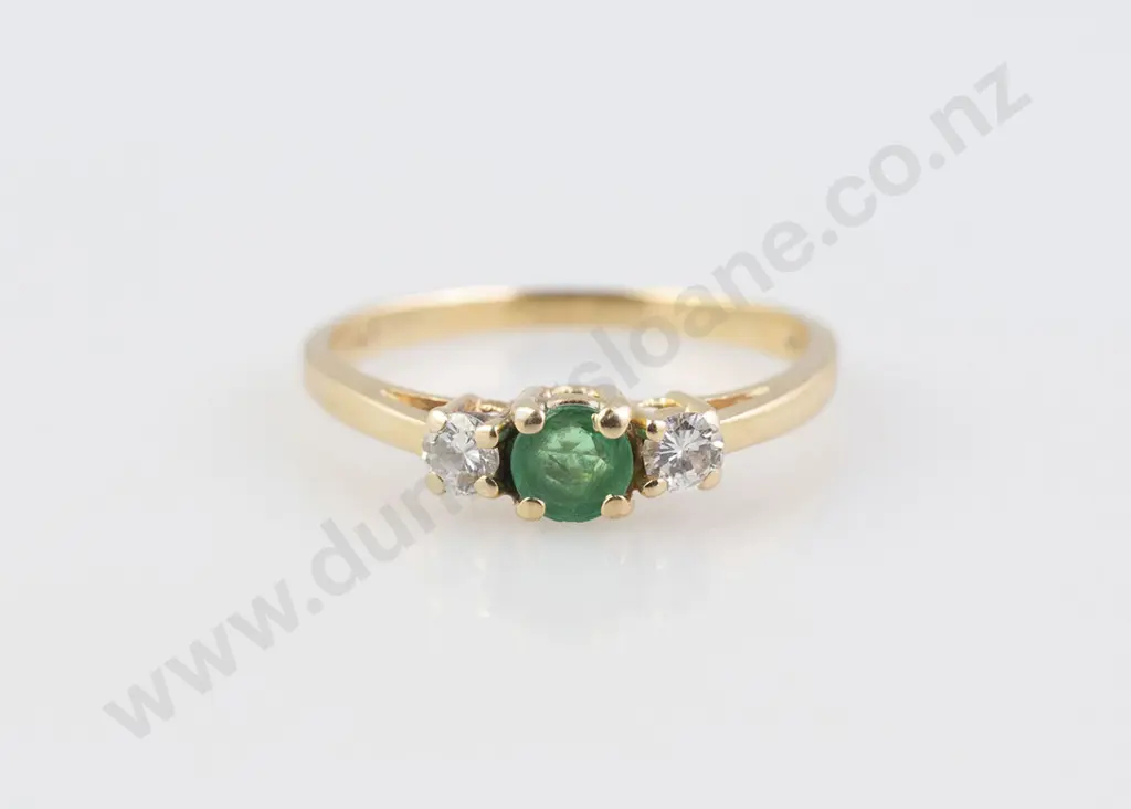 14ct Three Stone Emerald and Diamond Bridge Ring Image 1++