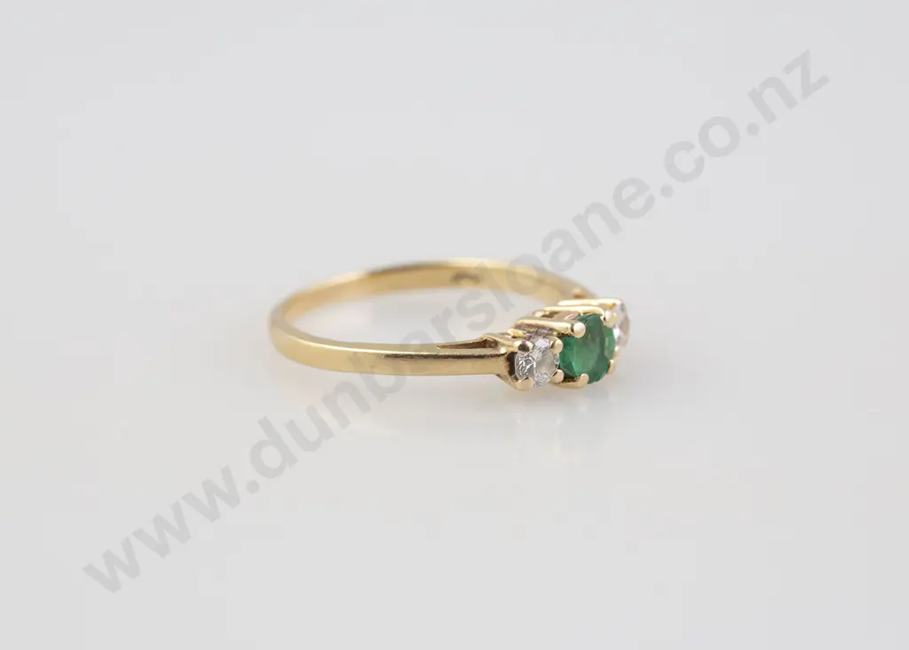 14ct Three Stone Emerald and Diamond Bridge Ring Image 1++