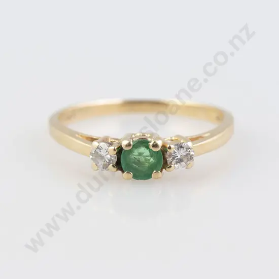 14ct Three Stone Emerald and Diamond Bridge Ring