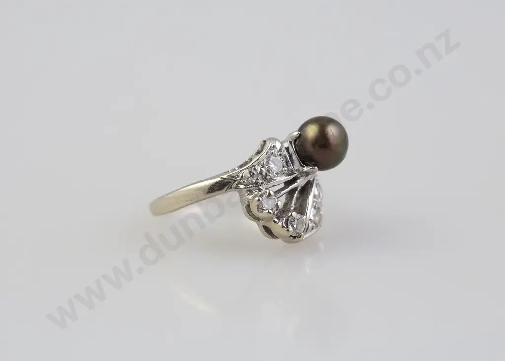 14ct White Gold Single Black Pearl and Diamond Dress Ring Image 1++
