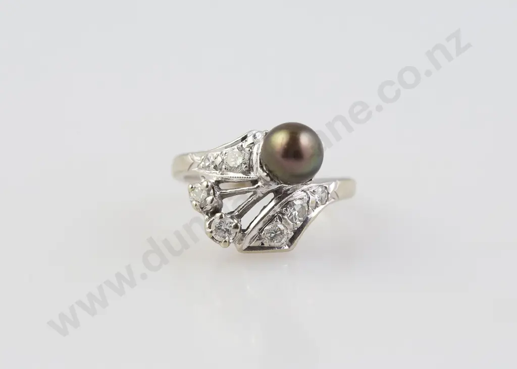 14ct White Gold Single Black Pearl and Diamond Dress Ring Image 1++