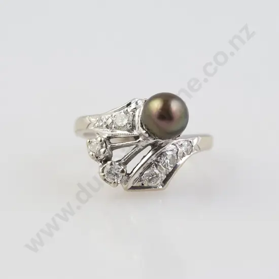 14ct White Gold Single Black Pearl and Diamond Dress Ring