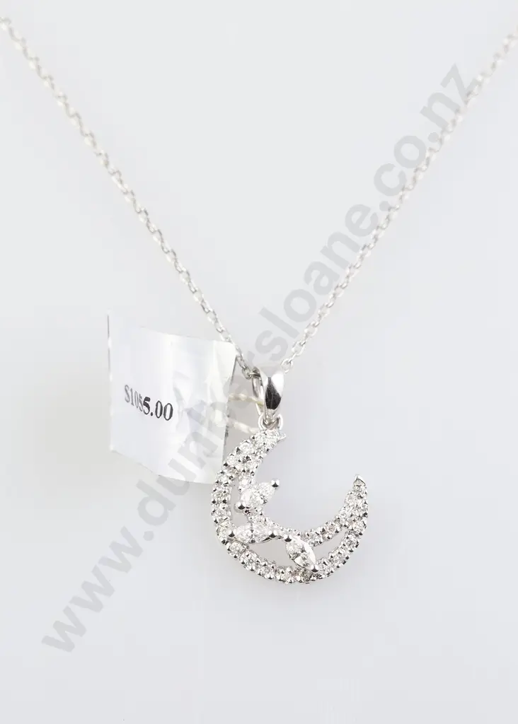 As New 18ct White Gold 30stone Diamond Crescent Pendant Image 1++