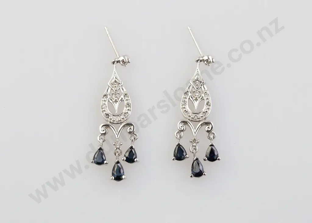 Pair 14ct White Gold Sapphire and Diamond Fancy Pendant Drop Earrings Image 1++