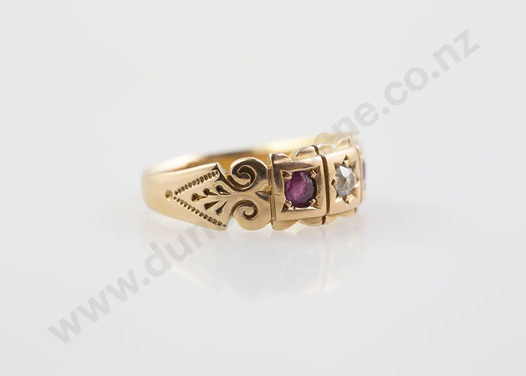 Victorian 18ct Three Stone Ruby and Diamond Band Ring Image 1++