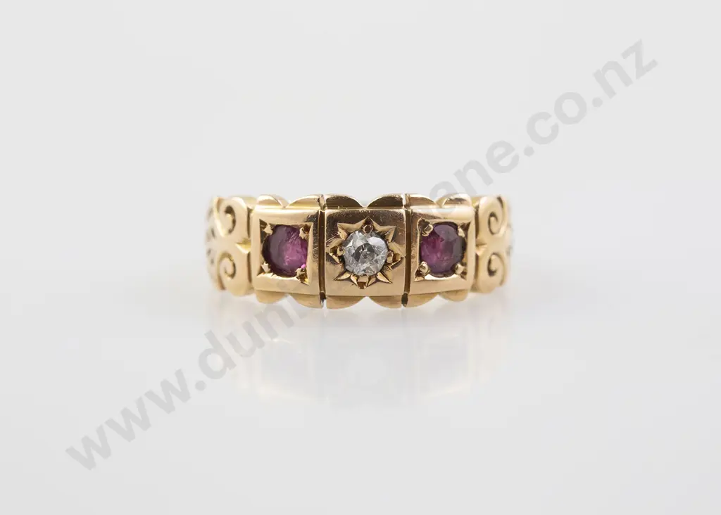 Victorian 18ct Three Stone Ruby and Diamond Band Ring Image 1++