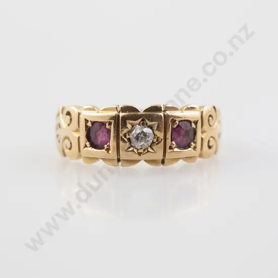 Victorian 18ct Three Stone Ruby and Diamond Band Ring