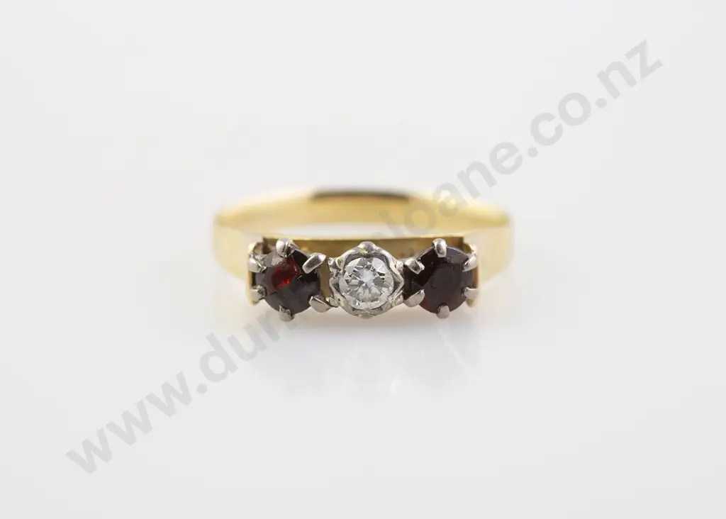 18ct Three Stone Diamond and Garnet Bridge Ring Image 1++