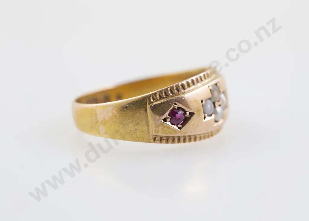 Victorian 15ct Ruby and Seed Pearl Band Ring Image 1++