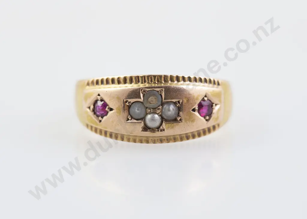 Victorian 15ct Ruby and Seed Pearl Band Ring Image 1++