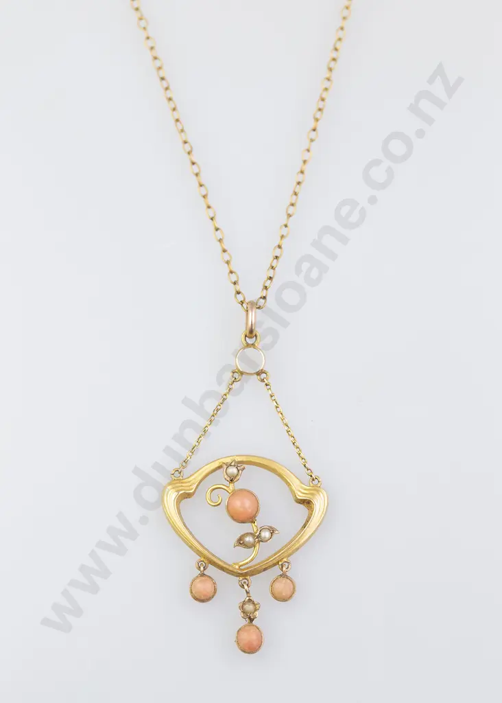 9ct Coral and Seed Pearl Art Nouveau Pendant Image 1++