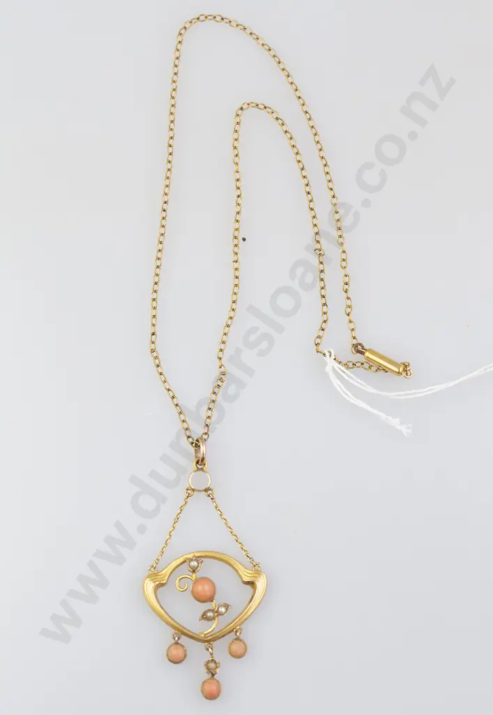 9ct Coral and Seed Pearl Art Nouveau Pendant Image 1++