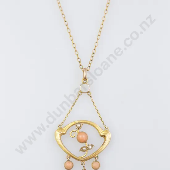 9ct Coral and Seed Pearl Art Nouveau Pendant