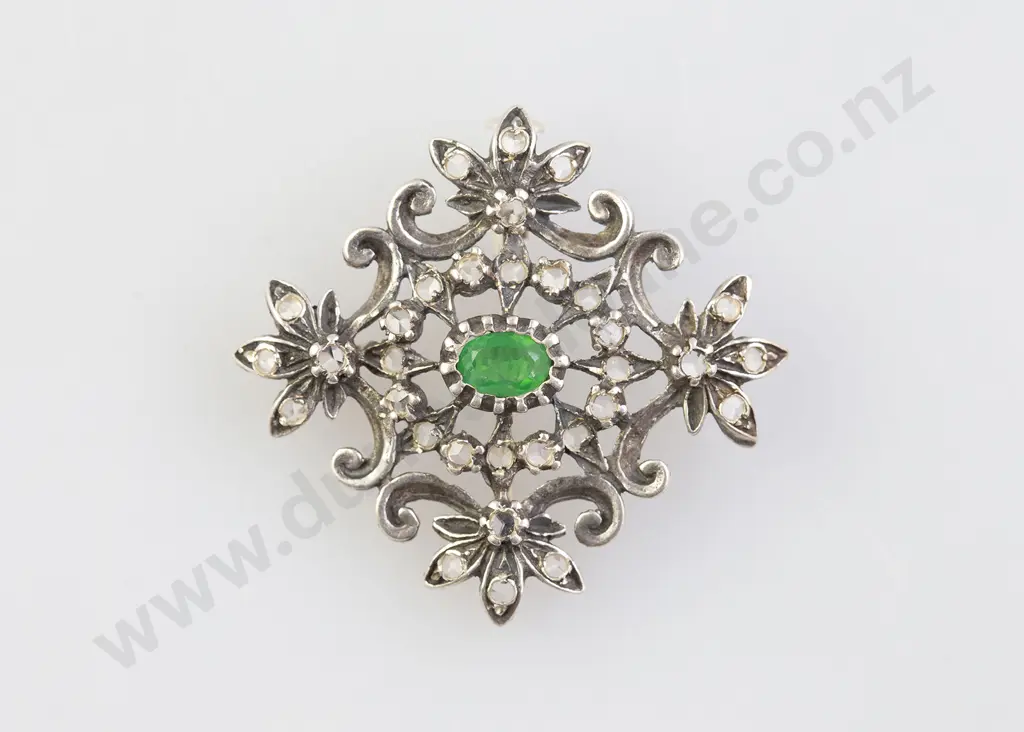Late C19th Silver Imitation Emerald and Diamond Chip Rococo Brooch/Pendant Image 1++