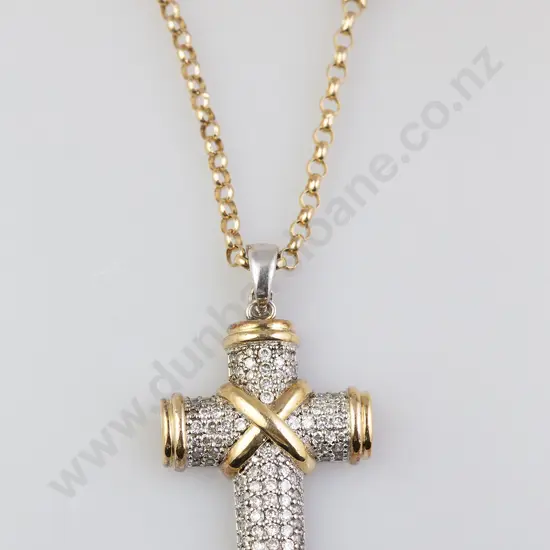 .925 Silver and Crystal Cross Pendant on 9ct Trace Link Neck Chain