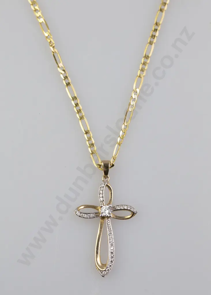9ct Crystal Cross Pendant on 9ct Mixed Curb Link Neck Chain Image 1++