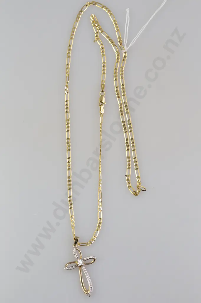 9ct Crystal Cross Pendant on 9ct Mixed Curb Link Neck Chain Image 1++