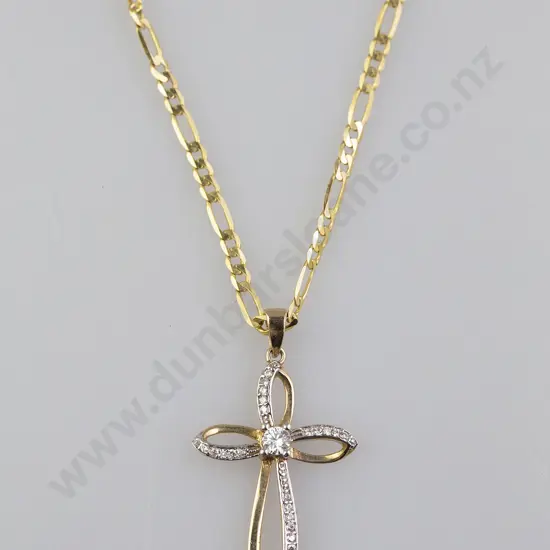9ct Crystal Cross Pendant on 9ct Mixed Curb Link Neck Chain