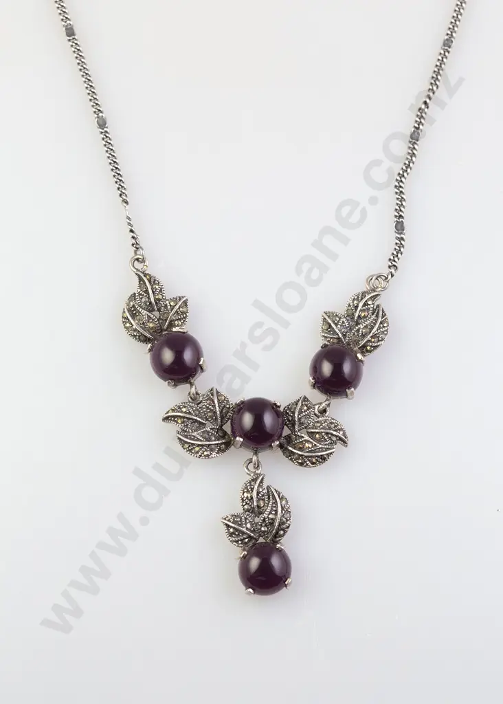 .925 Silver Four Stone Amethyst & Marcasite Necklet Image 1++
