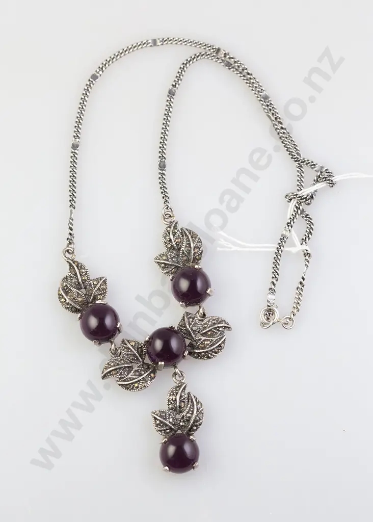 .925 Silver Four Stone Amethyst & Marcasite Necklet Image 1++