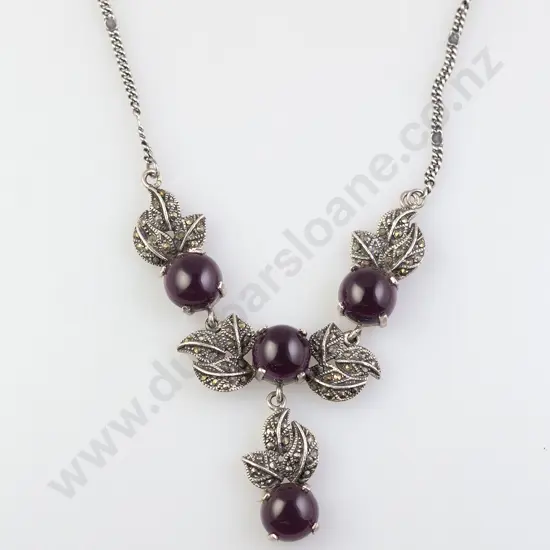 .925 Silver Four Stone Amethyst & Marcasite Necklet