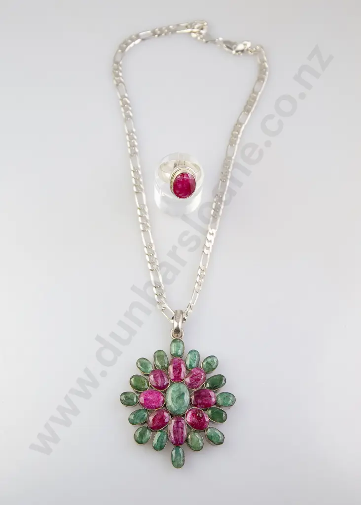 Large Silver Emerald and Ruby Pendant on Chain with ring Image 1++