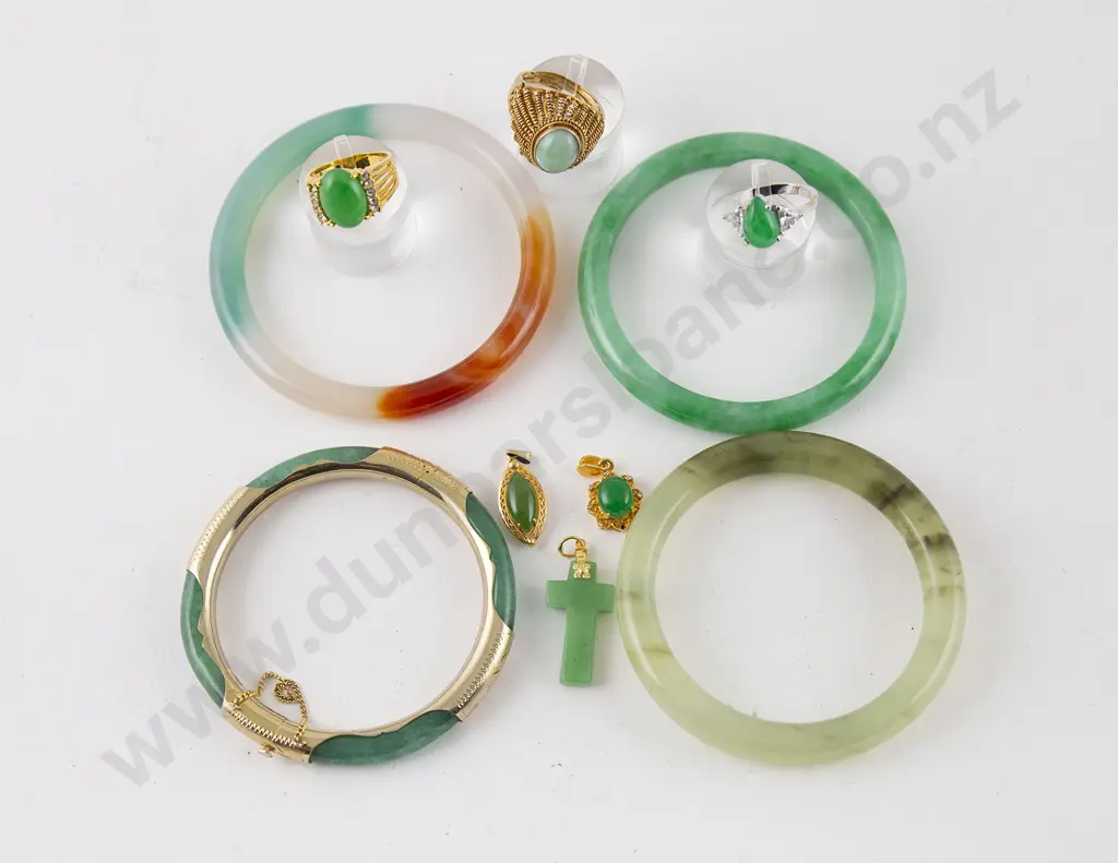 Four Jade Style Bangles and three rings and three pendants Image 1++