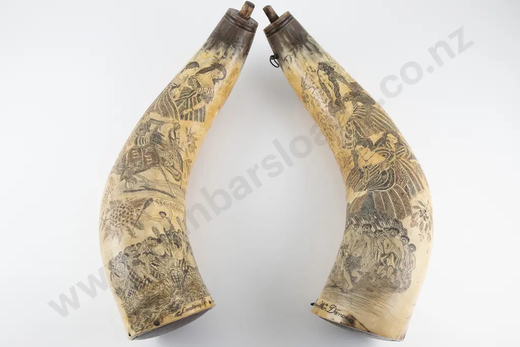 Pair of 19th Century carved powder horns Image 1++