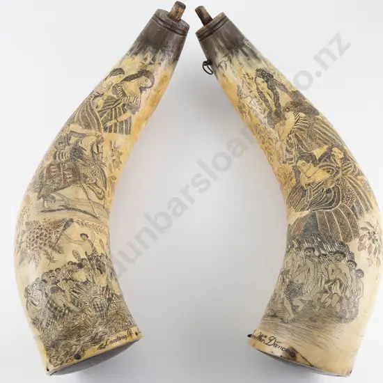 Pair of 19th Century carved powder horns