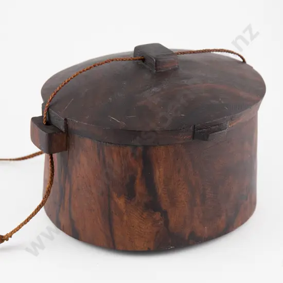 Tokelau Tackle Box (Taluma) The large lidded box of ovoid shape with attached sennit cord  25 x 31 cm