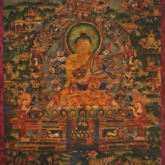 A large and Impressive Tibetan Thangka depicting Shakyamuni Buddha