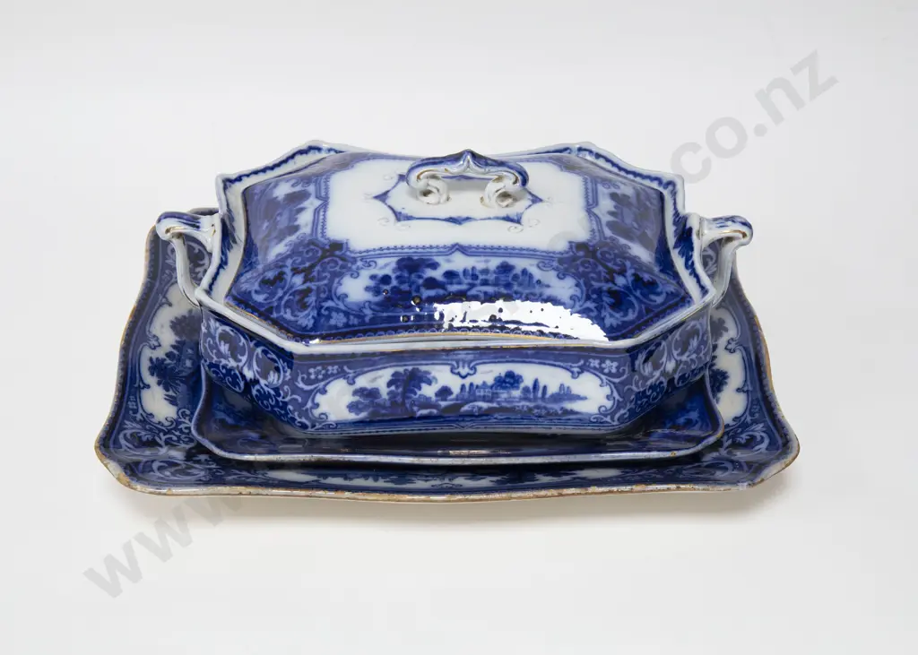 Three Pieces of Victorian Blue & White China incl. Tureen Image 1++