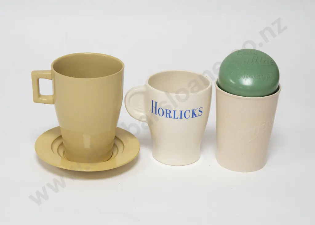 Three Vintage Plastic and Ceramic Advertising Cups Image 1++