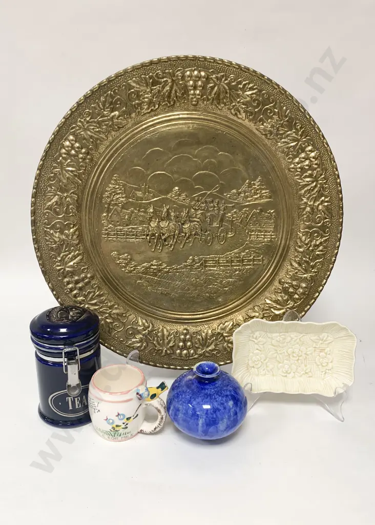 Box of Assorted China and Assorted incl. Embossed Brass Wall Hanging Image 1++