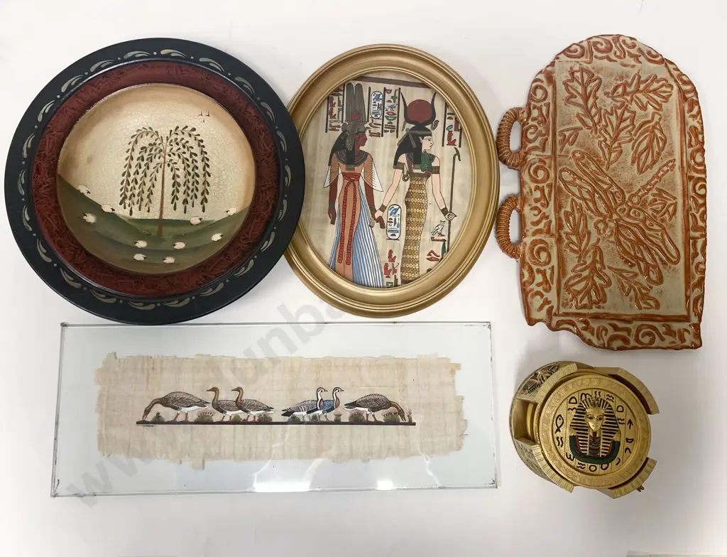 Box of Assorted Wall Hanging Artworks Together With Egyptian Coasters Image 1++