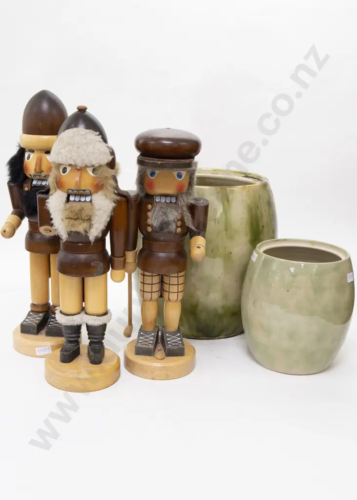 Box With Two Crocks (No Lids) and Three Nutcracker Ornaments Image 1++