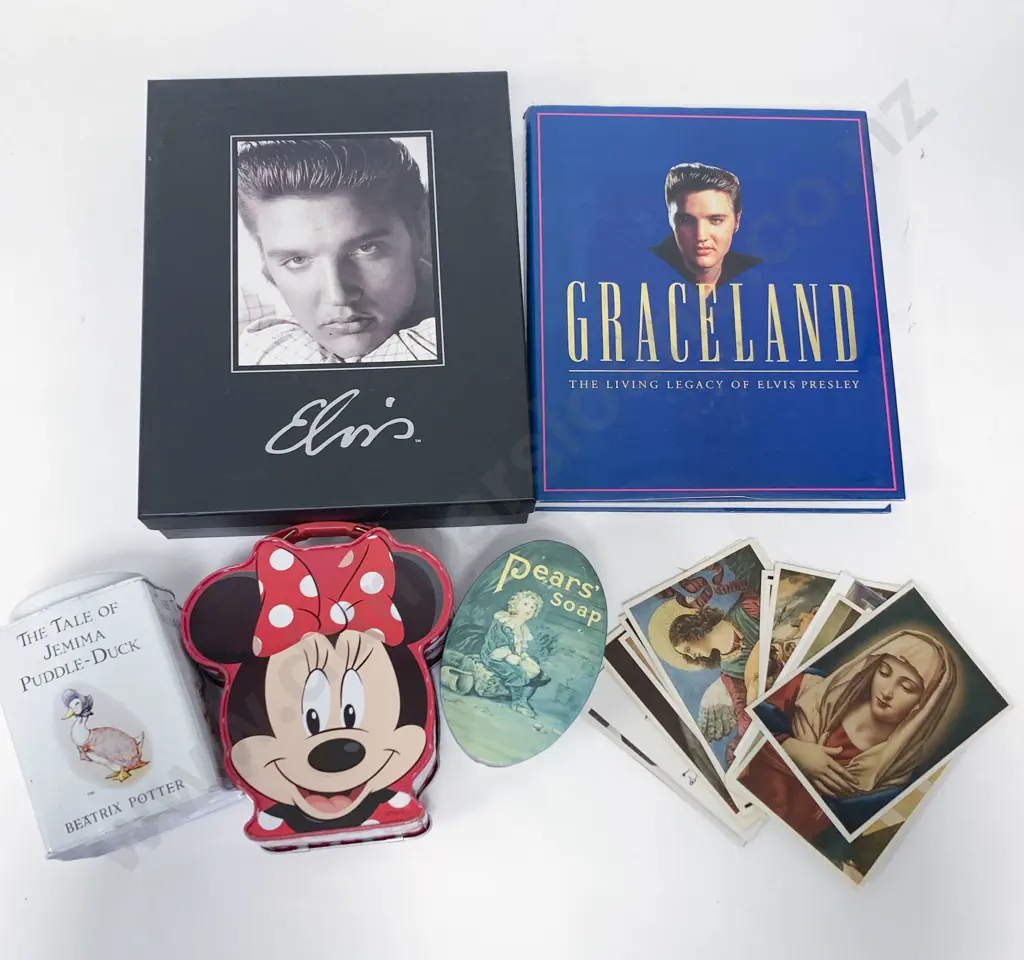 Box of Elvis Memorabilia and Vintage Tins Image 1++