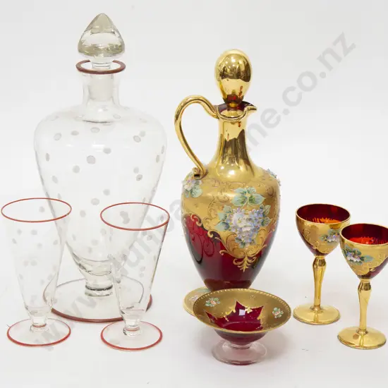 Small Box of Venetian Glassware and Art Deco Decanter and Glasses