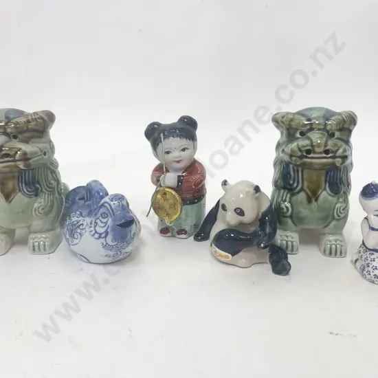 Box of Assorted Asian Figures and Ornaments incl. Temple Dogs