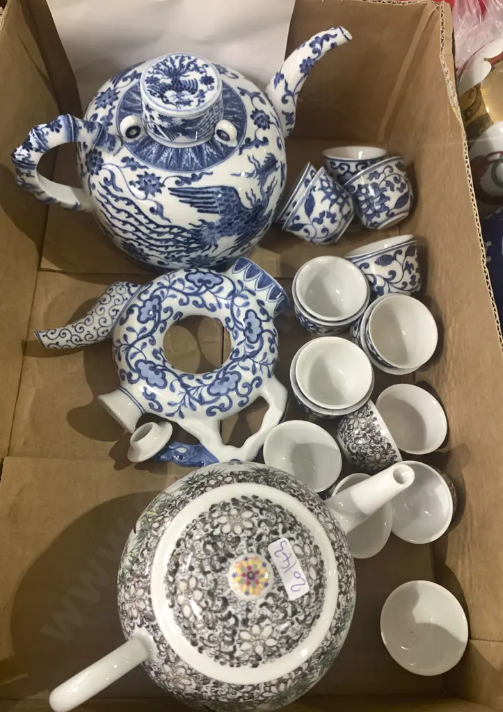 Box of Assorted Blue & White China Tea Pots and Cups etc. Image 1++