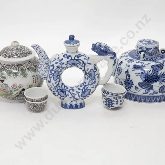 Box of Assorted Blue & White China Tea Pots and Cups etc.