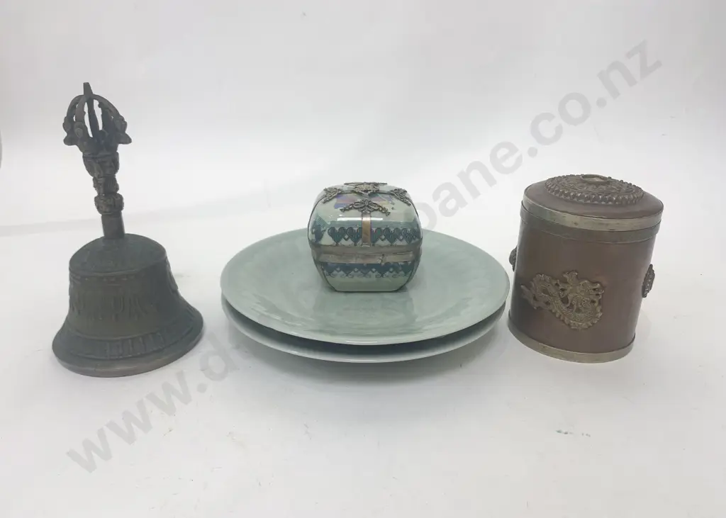 Pair of Celadon Glazed Plates Together With Two Trinket Boxes and Bell Image 1++